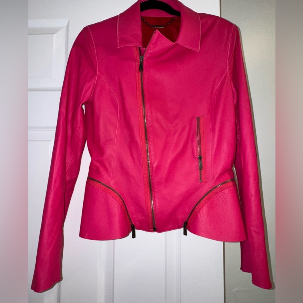 Elie Tahari Asymmetric Hot Pink Lambskin Leather Moto Jacket